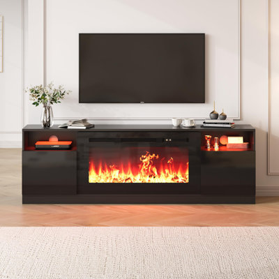 Meuble télé 70 po pour téléviseur de 80 po ou moins, console multimédia à 2 niveaux avec radiateur électrique de 36 po et rangement en verre