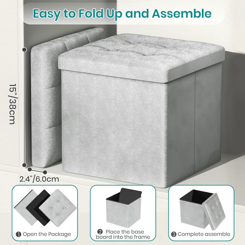 Tufted Square No Pattern Footstool Ottoman with Storage, Velvet, Light Grey