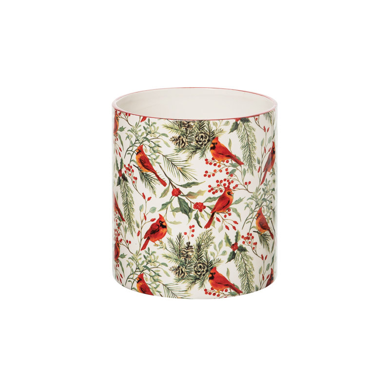 Festive Ceramic Cardinal Greenery Utensil Crock