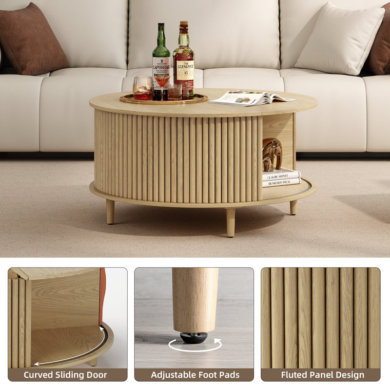 Mid Century Modern Round Coffee Table With Storage, Oak