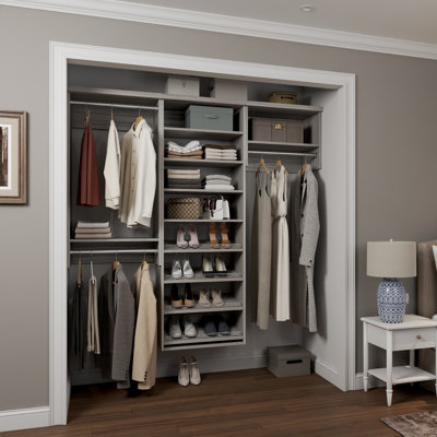 Grey Oak  60" Wall-Mounted Single Wall Closet System with 3 Sections, 3 Clothing Rods, 5 Shelves & 4 Slanted Shoe Shelves