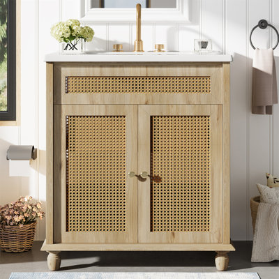 Meuble-lavabo de 30 pouces: portes en rotin tissées à la main