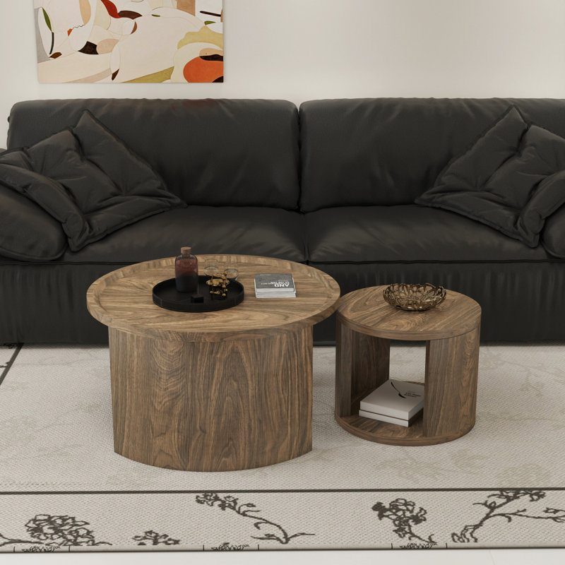 Ensemble de 2 tables basses rondes gigognes rondes, petite table d'appoint empilable de 18,5 po avec plateau en bois, petite table centrale minimaliste pour le salon et la chambre à coucher