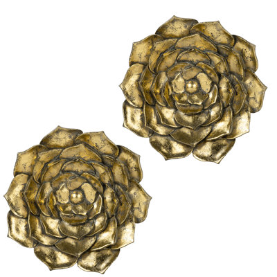 10X1.4X10" Elegant Gold Succulent Wall Ornament, 2 Piece, Resin And Metal, Home Office Shining Plaque, 10X1.4X10", Ornament