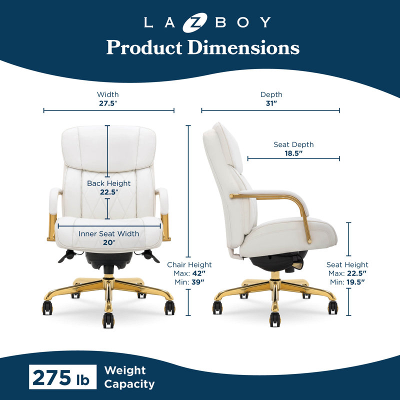 La-Z-Boy Symphony Executive Office Chair, Diamond-Tufted Seat and Back, Pocket Coil Cushion, White, Gold