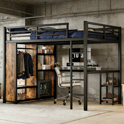 Queen Size Metal Loft Bed Frame With Built-in Wardrobe, Desk & Storage Shelves, No Box Spring Needed, Black Mdf, Space-saving For Bedrooms & Dorms