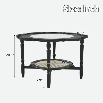 Mid-Century Style Coffee Table with 2-Tier Storage, White Crackle Pattern Glass Top and Petal-Shaped Design