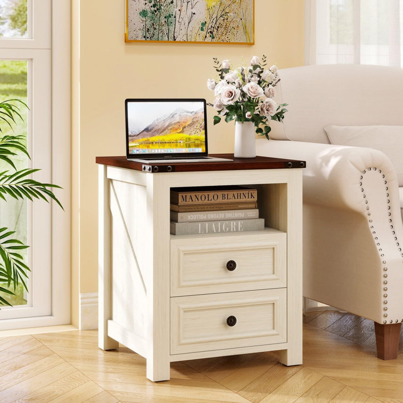2-Drawers Modern Wood Nightstand with  Charging Device, Featuring Open Storage Space, White/Black, Individual