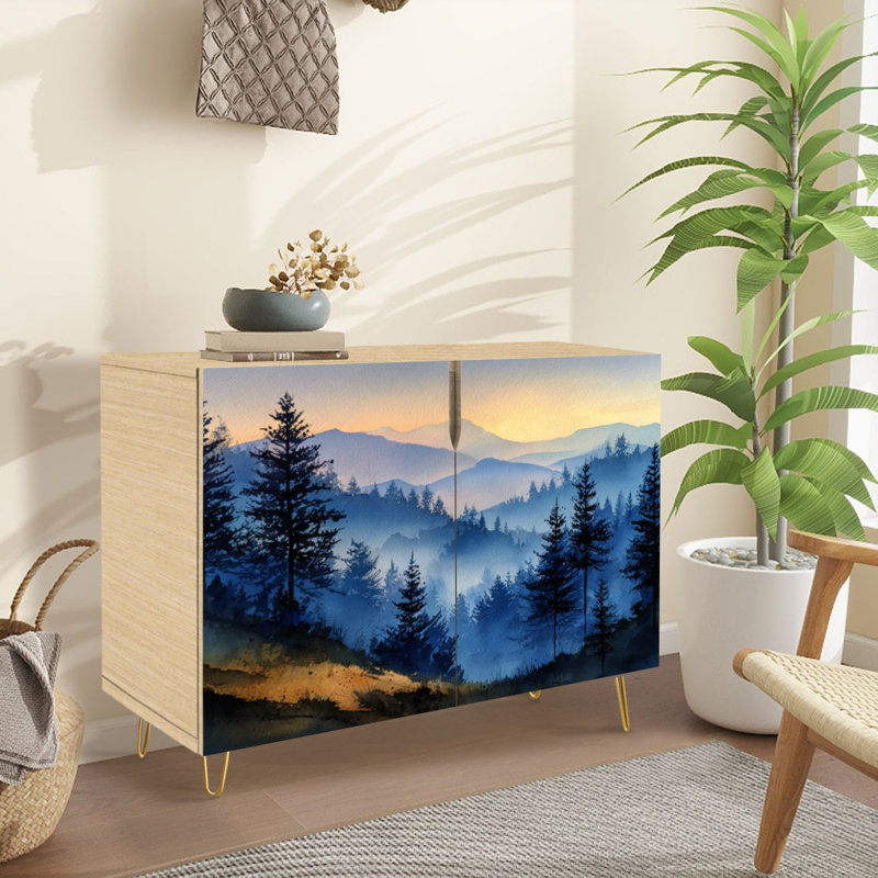 Buffet Buffet avec rangement Aquarelle verticale pin avec 2 portes pour le salon et la cuisine