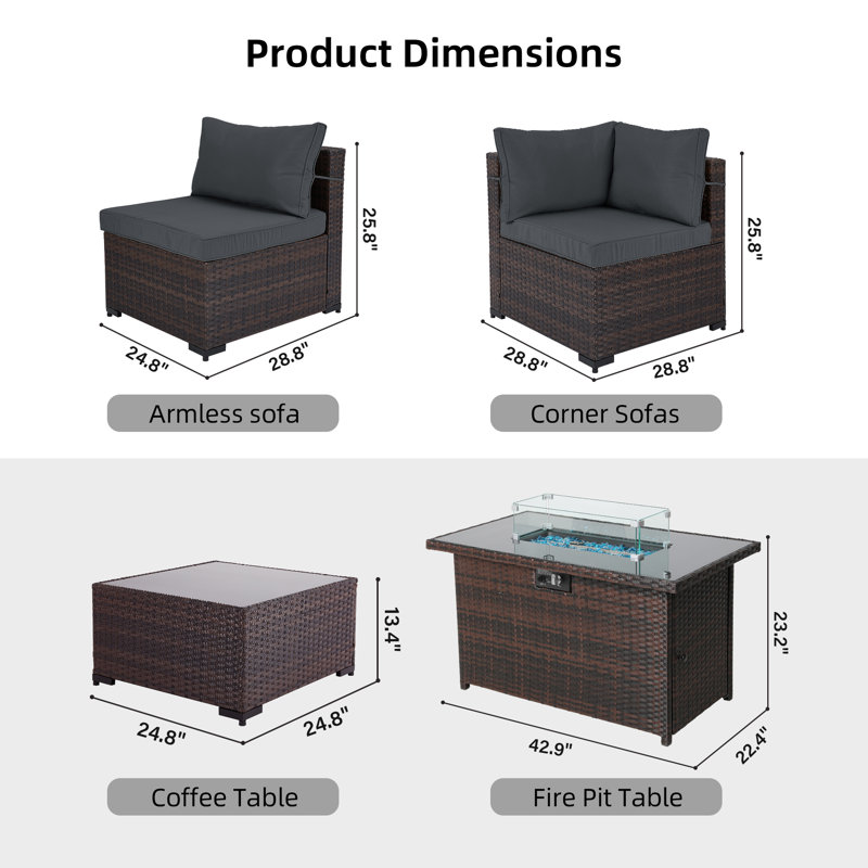 Ensemble de conversation extérieur en osier pour 8 personnes avec table de foyer, housse en verre et coussins Baldwinsville