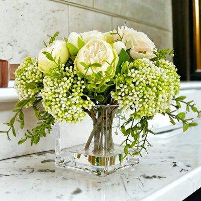 Peonies And Real Touch Rose, Berries, Arrangement Artificial Faux Centerpiece, French Floral