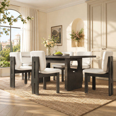 Marvello 59" 7-Piece Retro Farmhouse Dining Set for 6 with Geometric Double-Pedestal Table and 6 Upholstered Dining Chairs