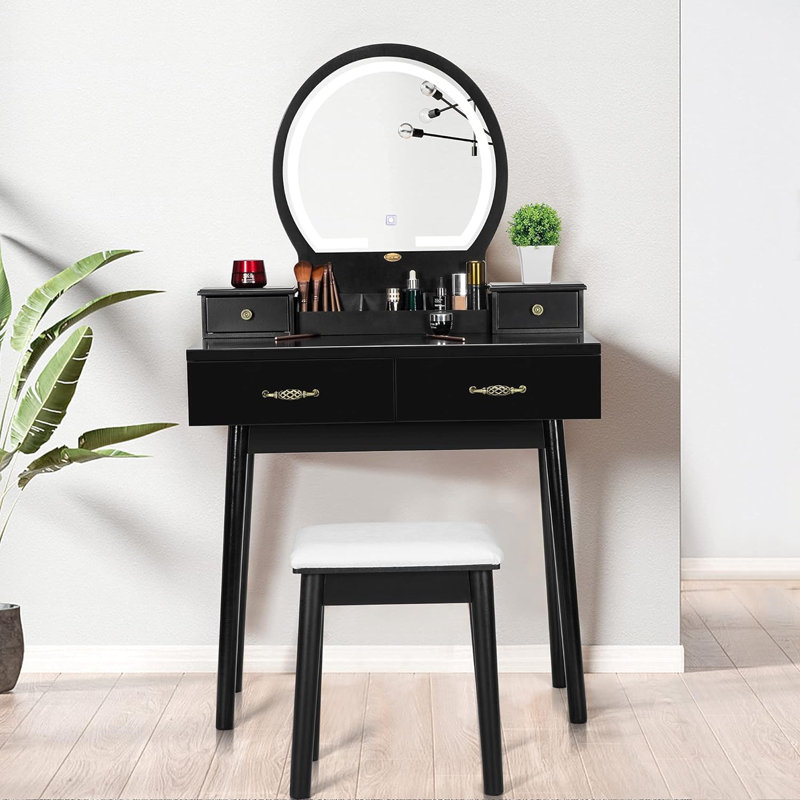 Ensemble coiffeuse Gaisa avec miroir lumineux, coiffeuse et tabouret rembourré, Noir