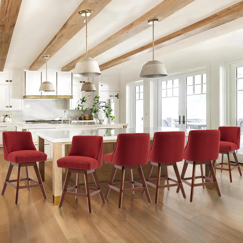 Tabouret de bar de cuisine pivotant en lin avec pieds en bois massif Kitchen, Rouge