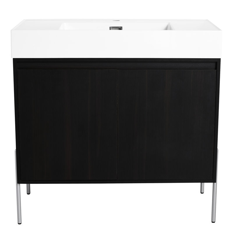 Meuble-lavabo 36 po avec lavabo en résine et armoire en chêne foncé - lavabo moderne fonctionnel, 36"
