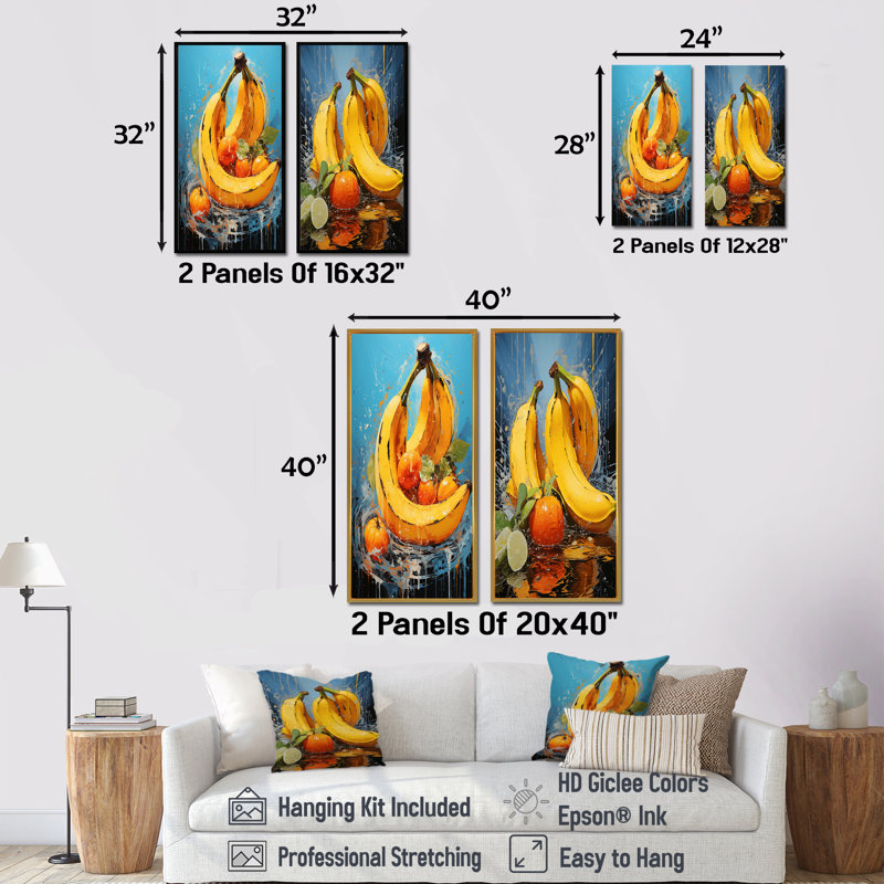 Ensemble de 2 décorations murales Banana Yellow Sunshine, H 28 po x l 25 po, Toile tendue