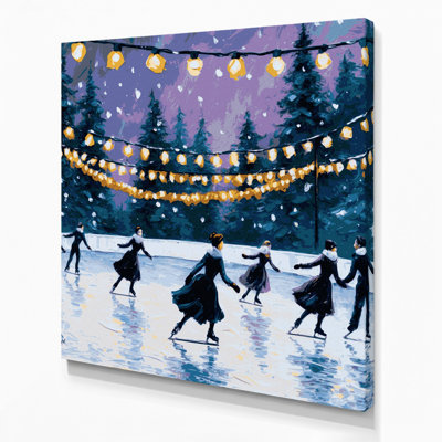 Christmas Ice skating rink with holiday lights Blue Canvas Wall Art