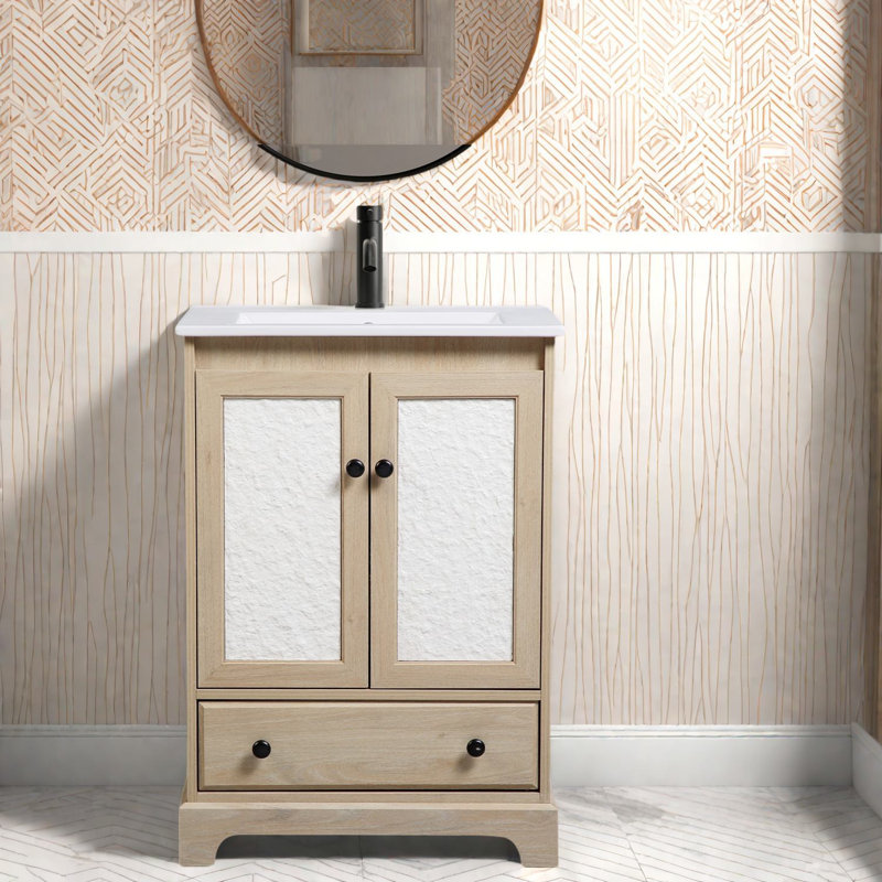 Meuble-lavabo compact en bois brun avec lavabo, décor de salle de bain moderne