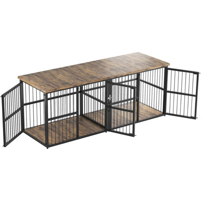 87” Extra Large Double Dog Crate Furniture – Heavy Duty Kennel with Divider & 3 Lockable Doors, Wooden Pet House TV Stand for 2 Small/Medium/Large Dogs, Black