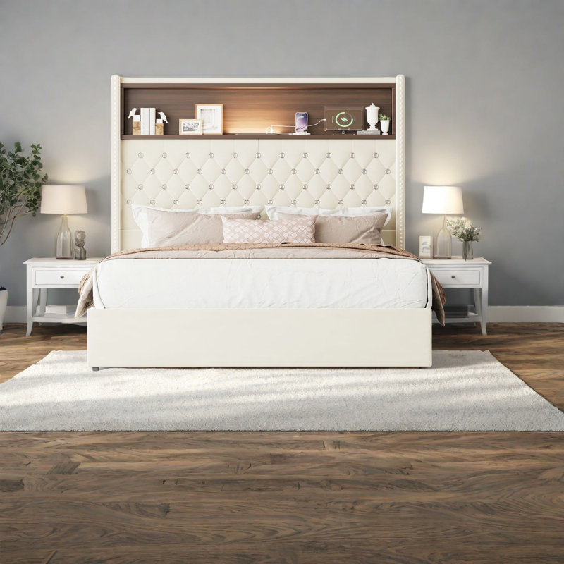 Lit plateforme luxueux en velours, double avec rangement et USB, design moderne