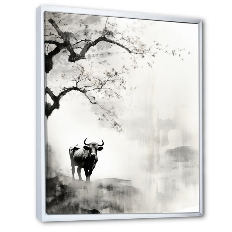 Jaceyon, art asiatique, vache Sumi XV, H 32 po x l 16 po x P 1 po, Cadre flottant blanc