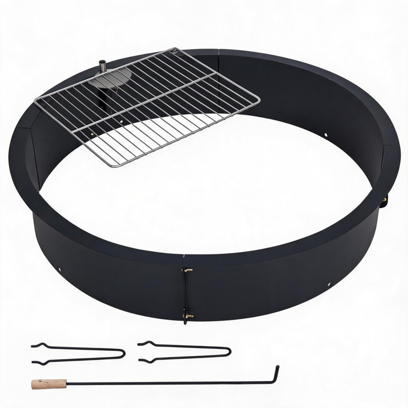 Enjyam Heavy Duty Steel Fire Pit Ring with Grill Grate – Outdoor Fire Pit Insert for Backyard, Patio & Camping – Firewood Stove, Heat-Resistant, Black, 36 Inch – Size: 36 x 36 x 7.8"H
