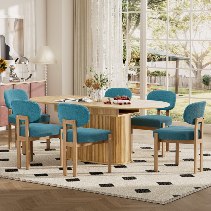 Modern 55.11"-70.86" MDF Extendable Dining Table Set For 4-6 With Chenille Upholstered Chairs, Space Saving Expandable Kitchen & Dining Room Furniture Set, Stylish Comfortable Dinner Table Set