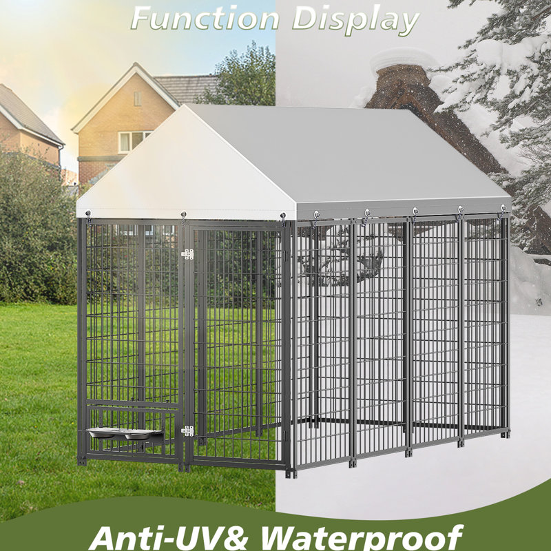 Cage d'extérieur pour chien avec mangeoires tournantes - l 7,94 pi x l 4,13 pi l 5,95 pi, structure en fer renforcé, plusieurs colonnes porteuses, serrure à double porte, couvercle de toit en métal