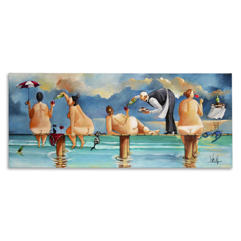 Stupell Industries " Nude Ladies Summer Beach Wine " by Ronald West Painting Print
