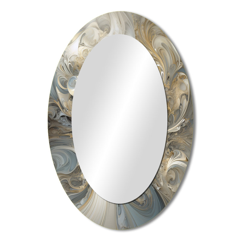 Fractal Whirl In Retro Gold And White - Gold Oval Wall Mirror Decor, 36" x 24"