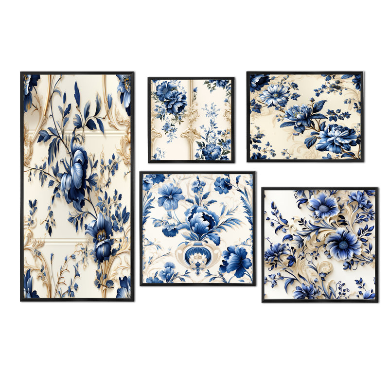Cobalt Blue Ornamental Frames Victorian Pattern - Floral Canvas Prints Set Of 5, Black Floater Framed