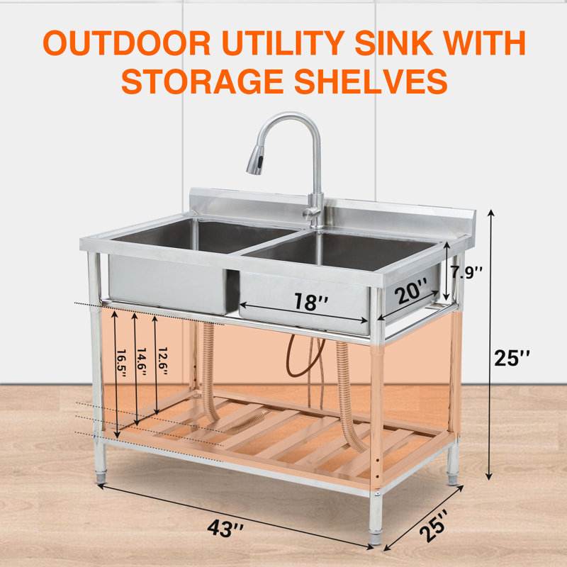 43" x 25" x 35" Freestanding Stainless Steel Double Bowl Utility Basin – Commercial Kitchen & Laundry Sink with Undershelf & Pull-Out Faucet