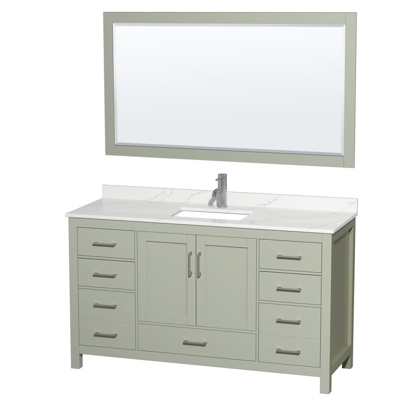 Sheffield 60" Freestanding Single Bathroom Vanity with Quartz Top with 58" Mirror, Giotto Quartz, Green, Brushed Nickel