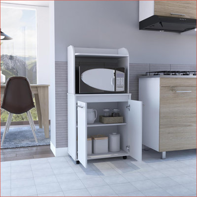 Chariot de cuisine avec armoire à double porte et amp; Tablette ouverte | Blanc neige | Panneau de particules
