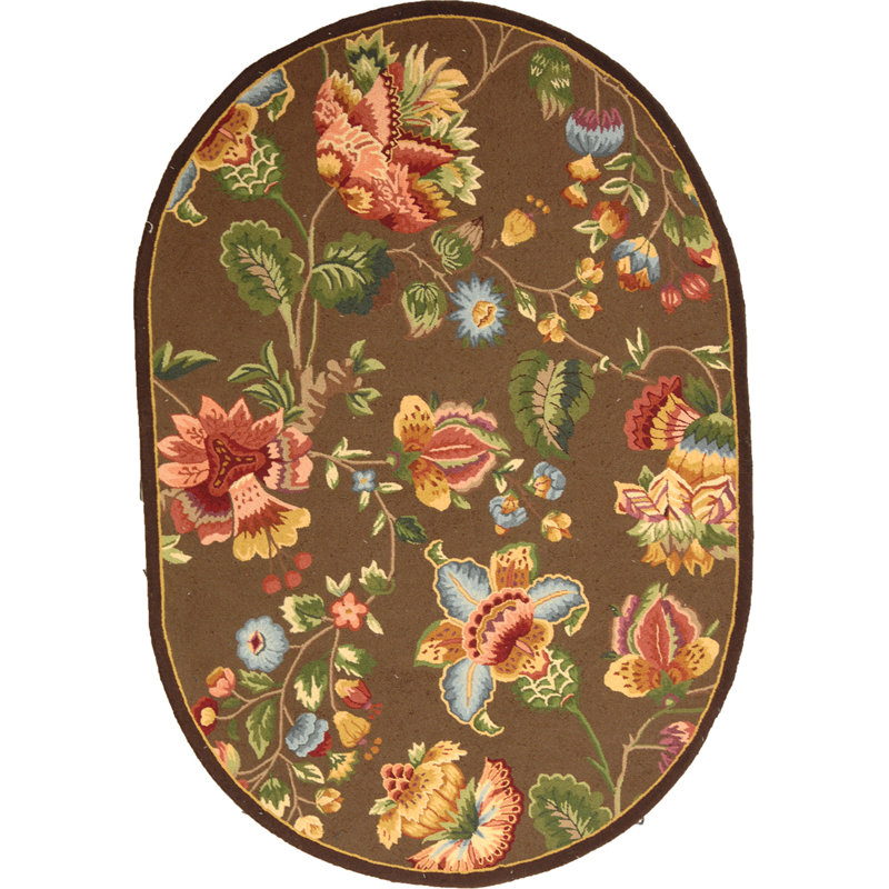 Hollander Floral Handmade Tufted Wool Brown Area Rug, Oval 7'6" x 9'6" 