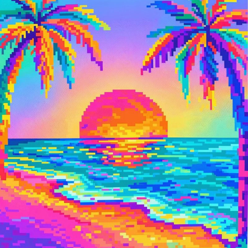 Couette en pixel art avec palmiers, Très grand lit, Rose moyen / bleu moyen