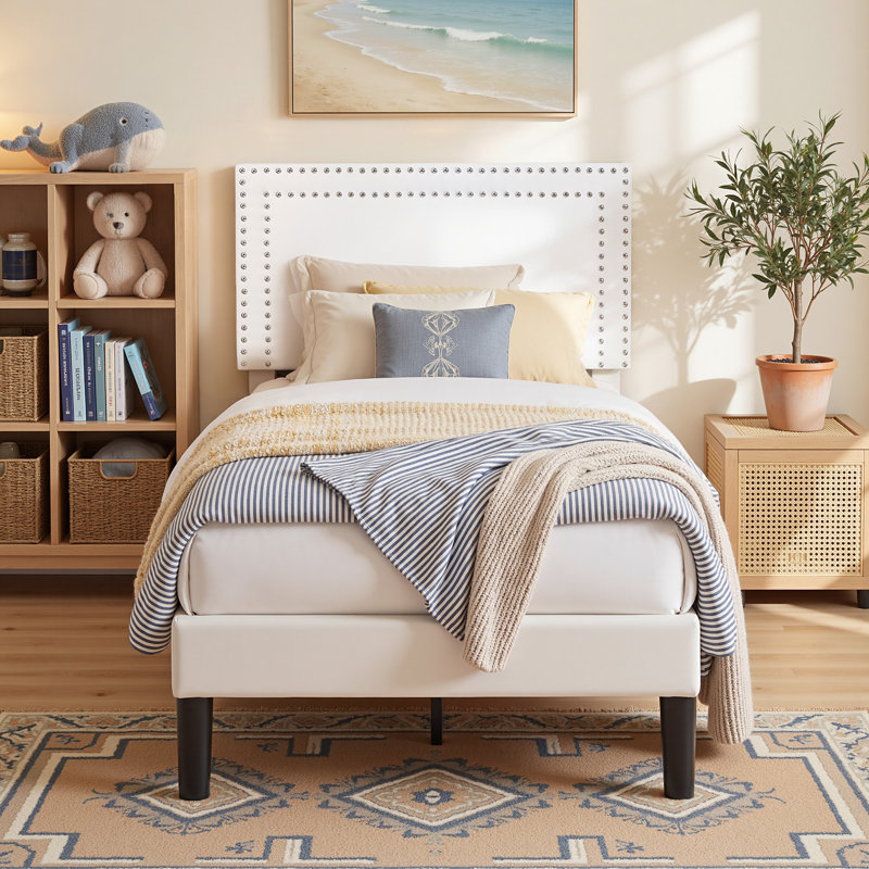 Aldora 2 Pack White Twin Upholstered Platform Bed Frame with Tufted Adjustable Headboard,Noise-Free Twin Size Bed with 8 Inch Under-Bed Storage