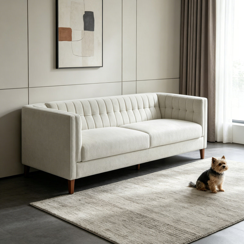 Canapé moderne à 3 places rembourré avec accoudoirs courbés, dossier capitonné et pieds en bois pour le salon, Chenille beige