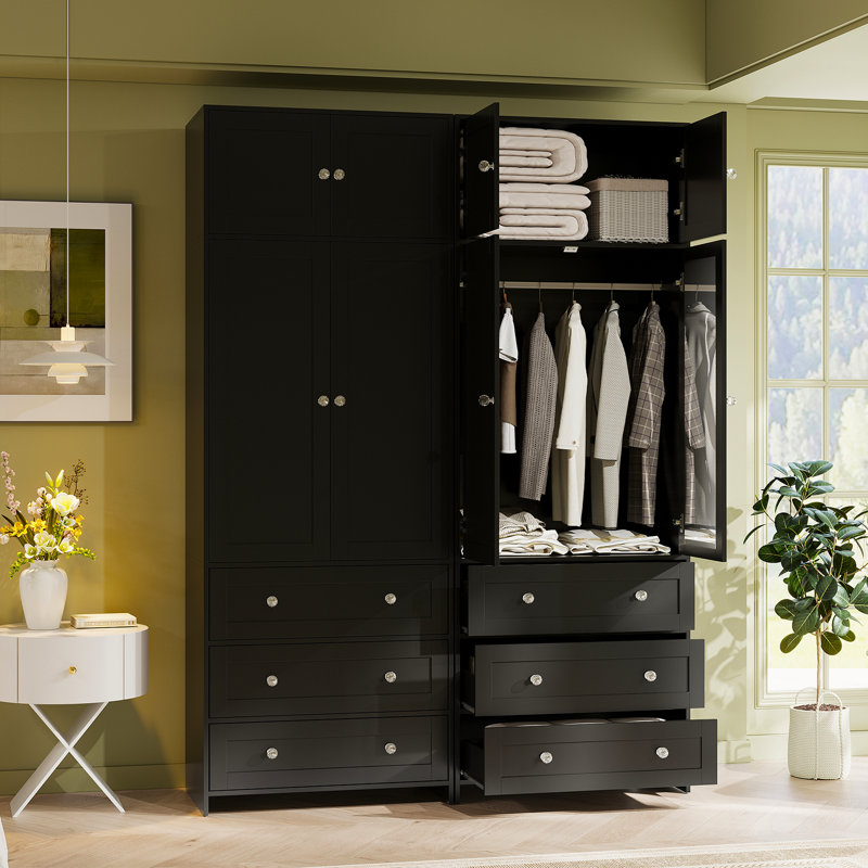 Armoire-penderie très haute de 86,6 po avec miroir, 3 tiroirs et armoire supérieure pour le rangement, armoire moderne avec tringle amovible et poignée en diamant pour la chambre à coucher