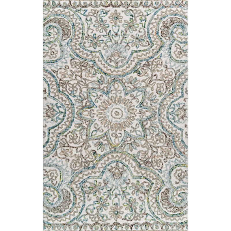 Agra Damask Handmade Tufted Wool Beige/Blue Area Rug, Rectangle 5' x 8'
