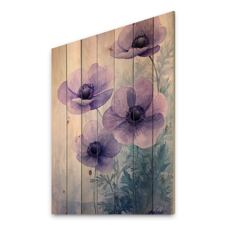 Lavender Anemone Serenity IV - Poppies Wooden Wall Art On Natural Pine Wood, 20" H x 10" W x 0.78" D