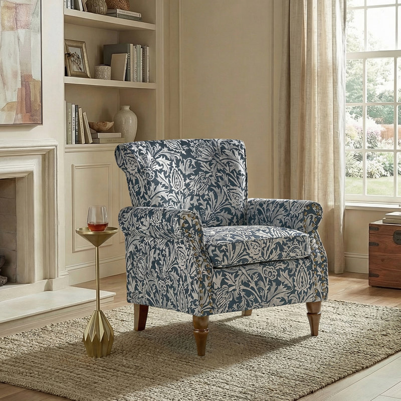 Asul Armchair with Nailhead Trim, Navy Polyester Blend