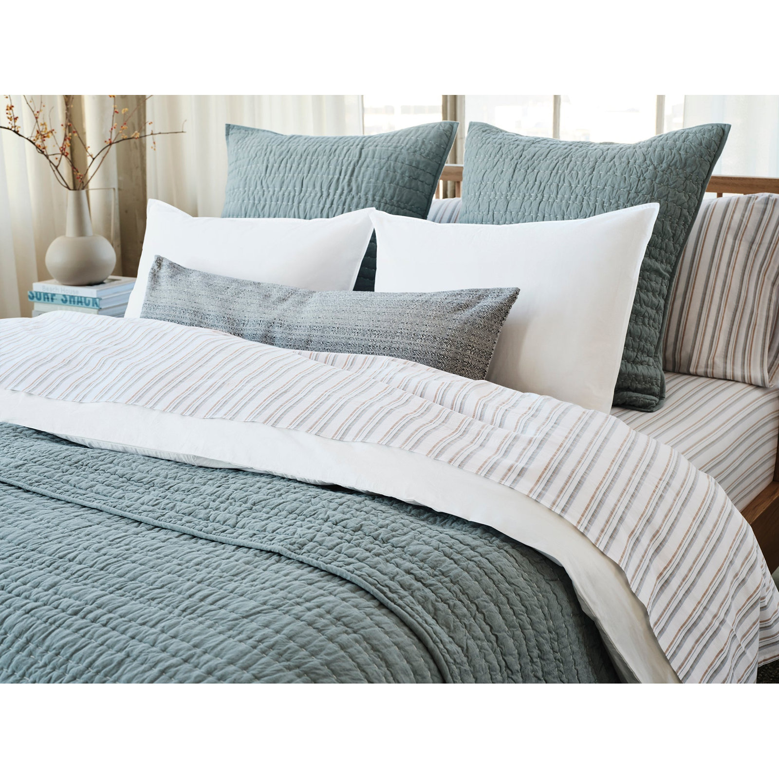 Organic Crinkled Percale 100% Cotton Percale Sheet Set, Queen Sheet Set with 2 Pillowcases, Surf Stripe