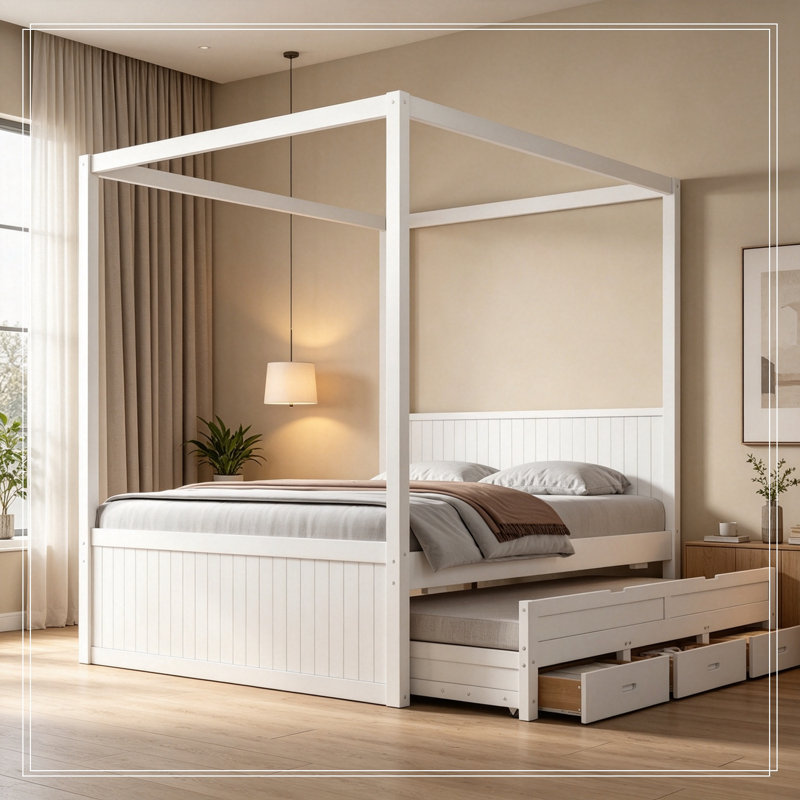 Grand auvent plateforme Impriano avec lit gigogne simple et 3 tiroirs de rangement, White