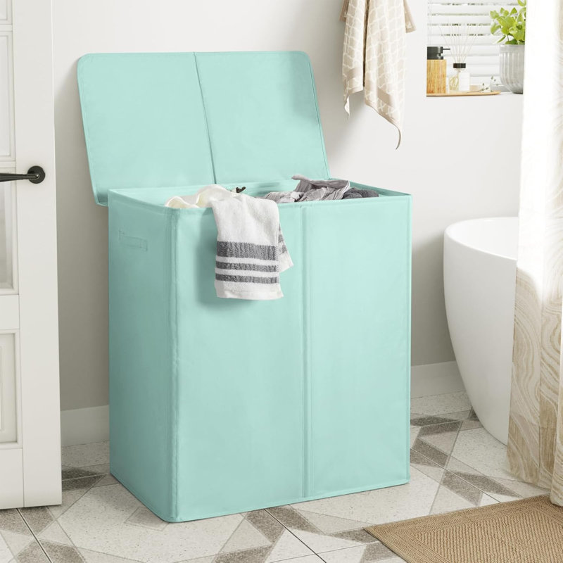154L Double Laundry Hamper With Lid And Removable Laundry Bags, Large Dirty Clothes Hamper 2 Section Collapsible Laundry Basket Dorm Room Storage For Bedroom, Bathroom, College,Mint Green