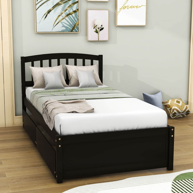 Twin Size 2 Drawers Platform Bed Frame with Headboard, Espresso