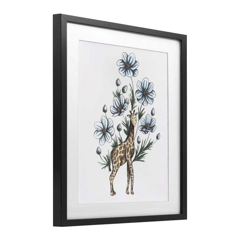 Girafe avec fleurs en fleurs, reproduction encadrée sous verre, design par Cecilia Battaini, Cadre noir minuit
