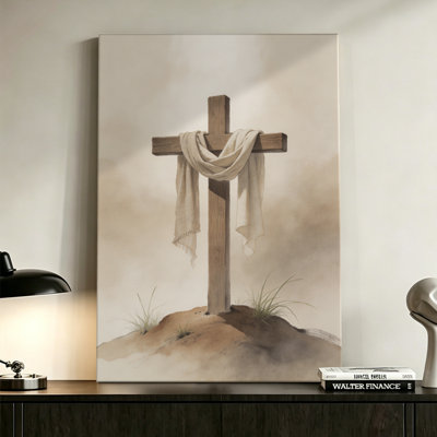 Croix en bois drapée, style rustique chrétien, toile imprimée 61 x 91 cm (24 x 36 pouces), finition galerie, marron et blanc, idéale pour la salle de prière, le salon ou l'entrée.