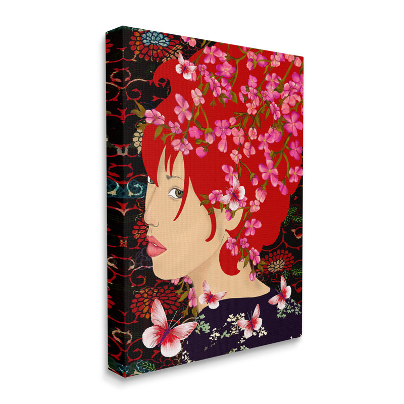 Motif abstrait de fleurs roses et de papillons féminins par Sangita Bachelet - impression, H 40 po x l 30 po x P 1,5 po