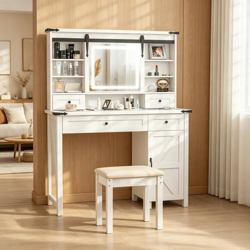 Console de beauté moderne, ensemble de coiffeuse avec miroir à DEL et tabouret rembourré, meuble-lavabo, coiffeuse avec rangement, ensemble de meubles de coiffeuse (seulement 1 coiffeuse, 1 tabouret de coiffeuse)